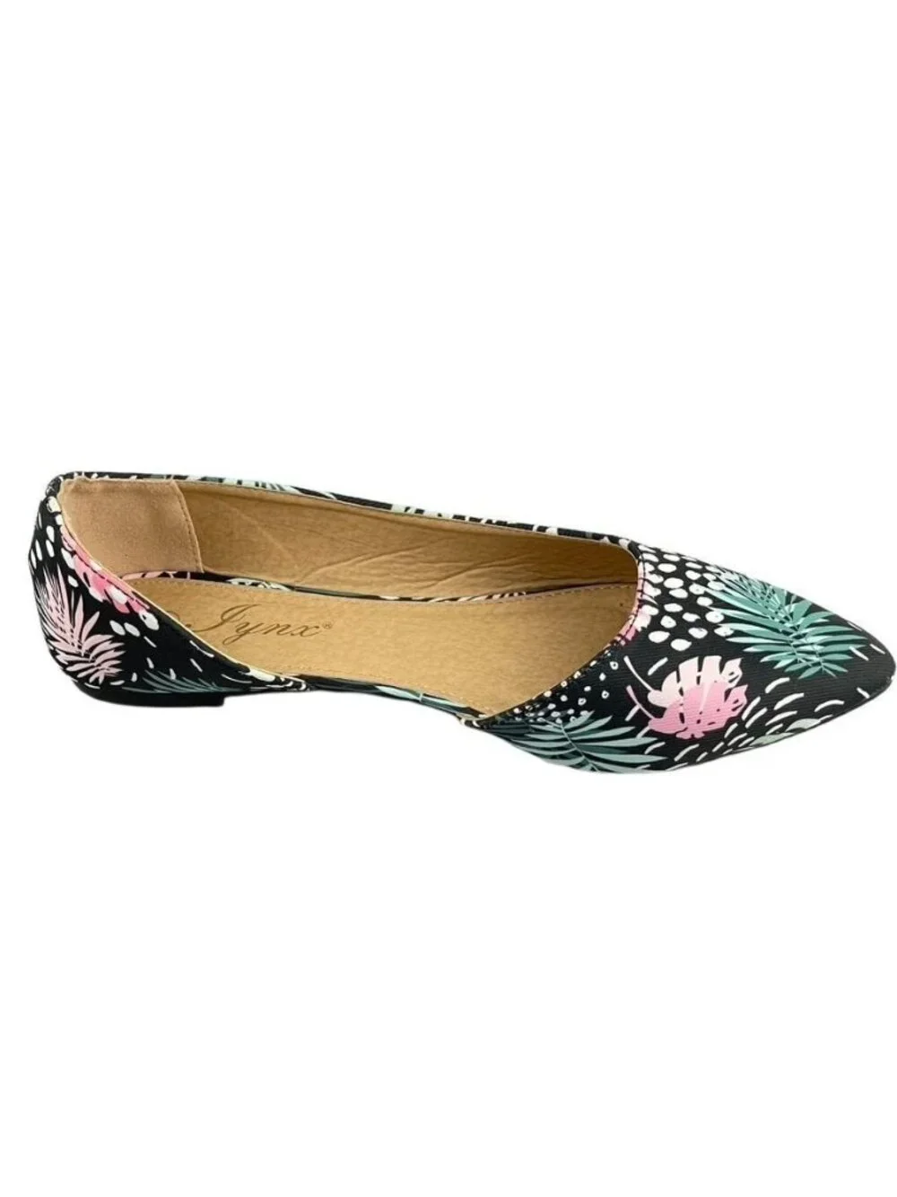 Tropical Print Womens Pointed-Toe Ballet Flats Size 7 Jynx Black With Pink & Gre - Picture 9 of 11